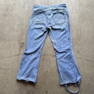 Thrashed and Painted 1970s Bellbottom Denim Leggs Jeans 34x30”